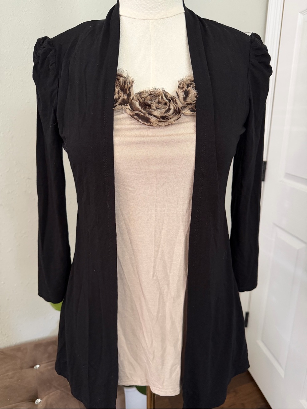 INC International Concepts Black Open-Front Cardigan Over Cream Floral-Trim Tank